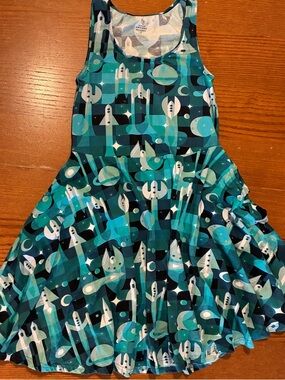 Space Rocket Print Girls' Tank Dress - Teal Blue